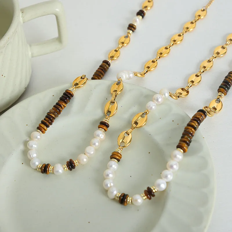 Elegant Tiger Eye and Freshwater Pearl Pig Nose Chain Jewelry Set for Women