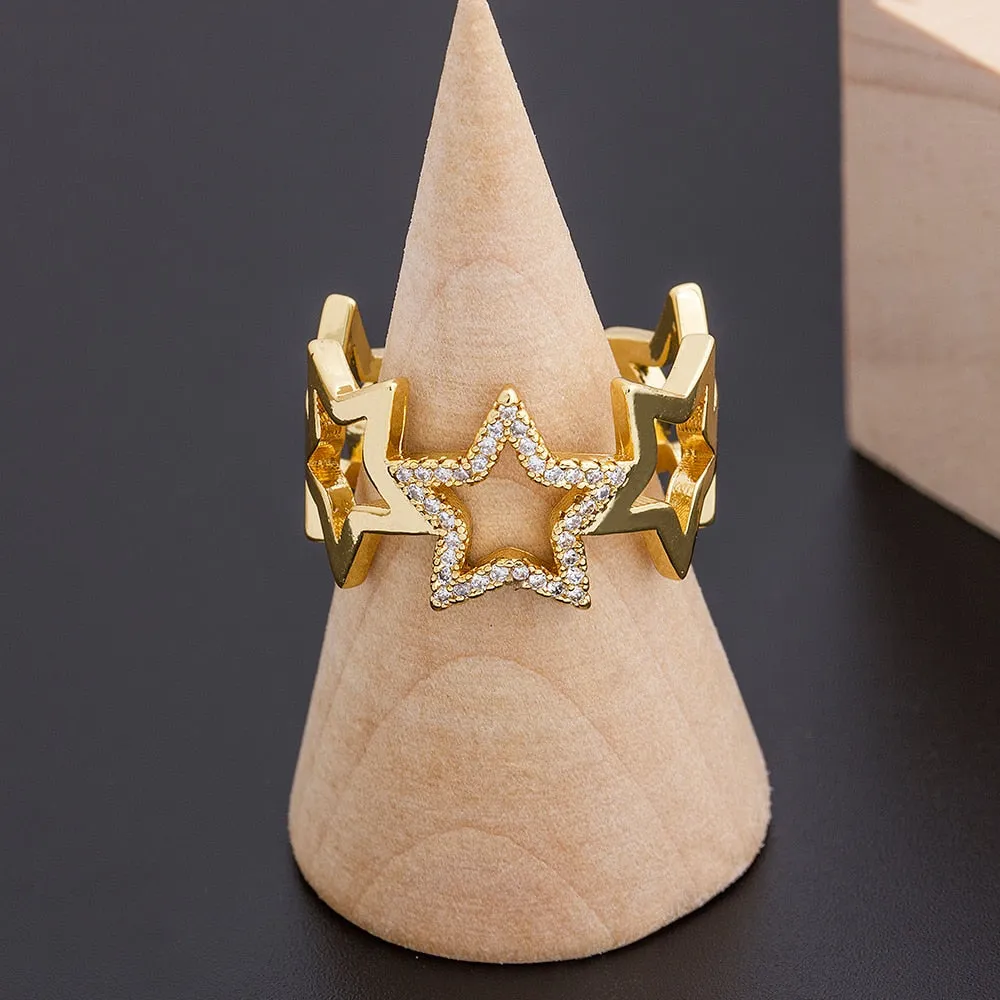 emax New Fashion Adjustable Crystal Ring Star  Open Finger Rings For Women Girls Wedding Engagement Party Jewelry Gifts