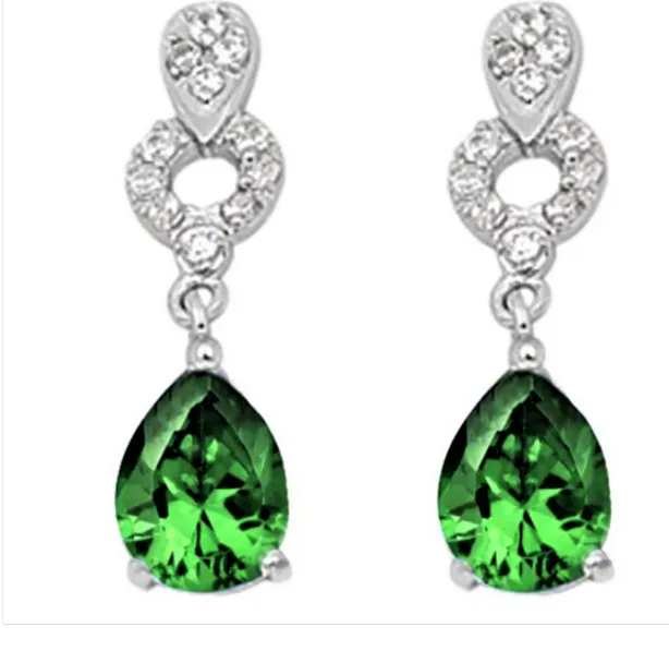 Emerald Pear Shape & Cz Dangle .925 Sterling Silver Earrings