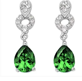 Emerald Pear Shape & Cz Dangle .925 Sterling Silver Earrings