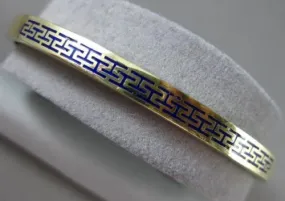 ESTATE 14KT YELLOW GOLD BLUE ENAMEL 3D GREEK KEY DESIGN 5mm BANGLE BRACELET