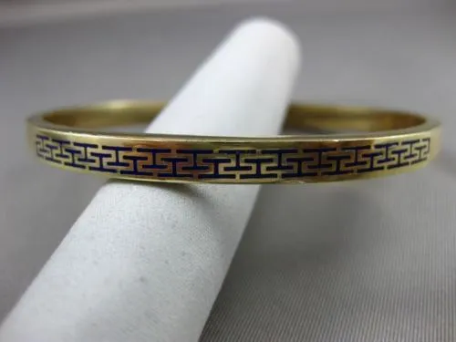 ESTATE 14KT YELLOW GOLD BLUE ENAMEL 3D GREEK KEY DESIGN 5mm BANGLE BRACELET