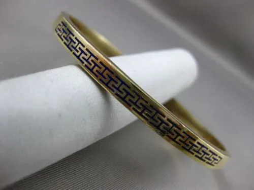 ESTATE 14KT YELLOW GOLD BLUE ENAMEL 3D GREEK KEY DESIGN 5mm BANGLE BRACELET