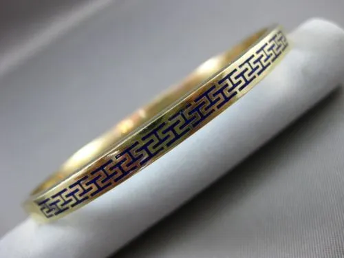 ESTATE 14KT YELLOW GOLD BLUE ENAMEL 3D GREEK KEY DESIGN 5mm BANGLE BRACELET