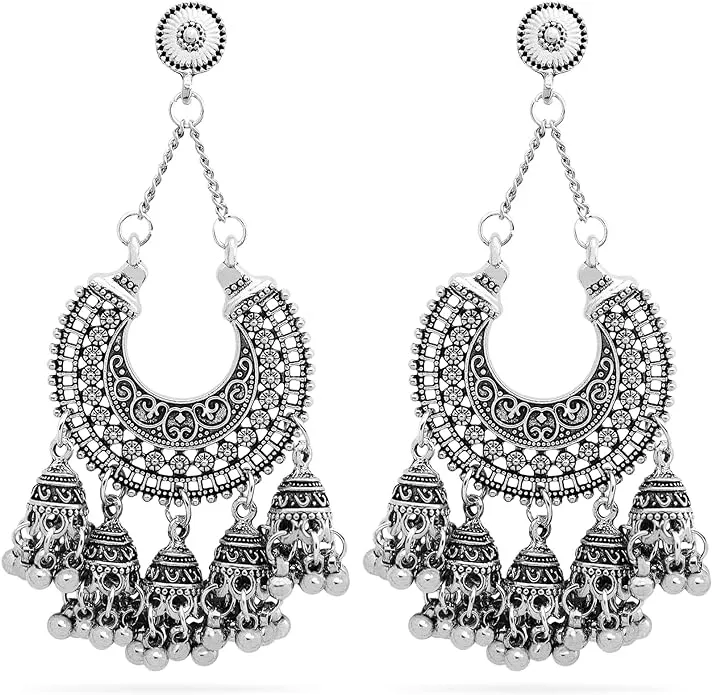 Exotic Gypsy Boho Festival Silver Color Chandelier Earrings