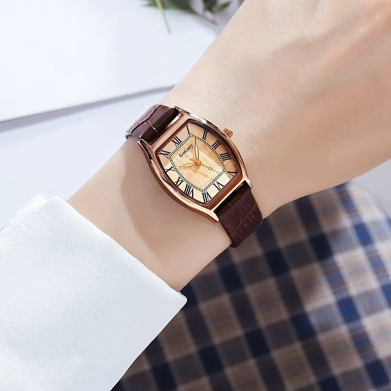 Fashion Women's Watch Women's Retro Ins Style Barrel-Shaped Belt Learn Life Waterproof Simple Clock