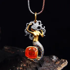 Fire Opal & Sterling Silver Mermaid Necklace Pendant/Brooch