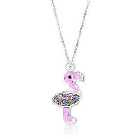 Flamingo Enamel Crystal White Gold Palladium Girl's Pendant Necklace