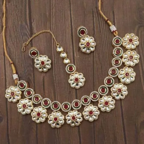 Flower Motif Kundan Ad Necklace Set