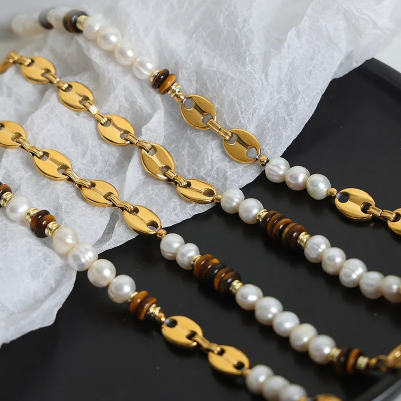 Freshwater Pearl and Tiger Eye Stone Beaded Necklace Bracelet Set