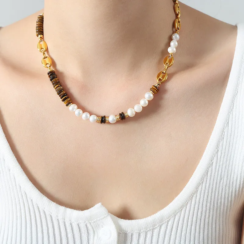 Freshwater Pearl and Tiger Eye Stone Beaded Necklace Bracelet Set