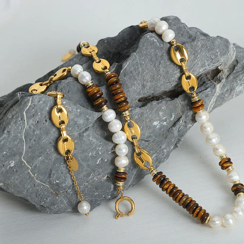 Freshwater Pearl and Tiger Eye Stone Beaded Necklace Bracelet Set