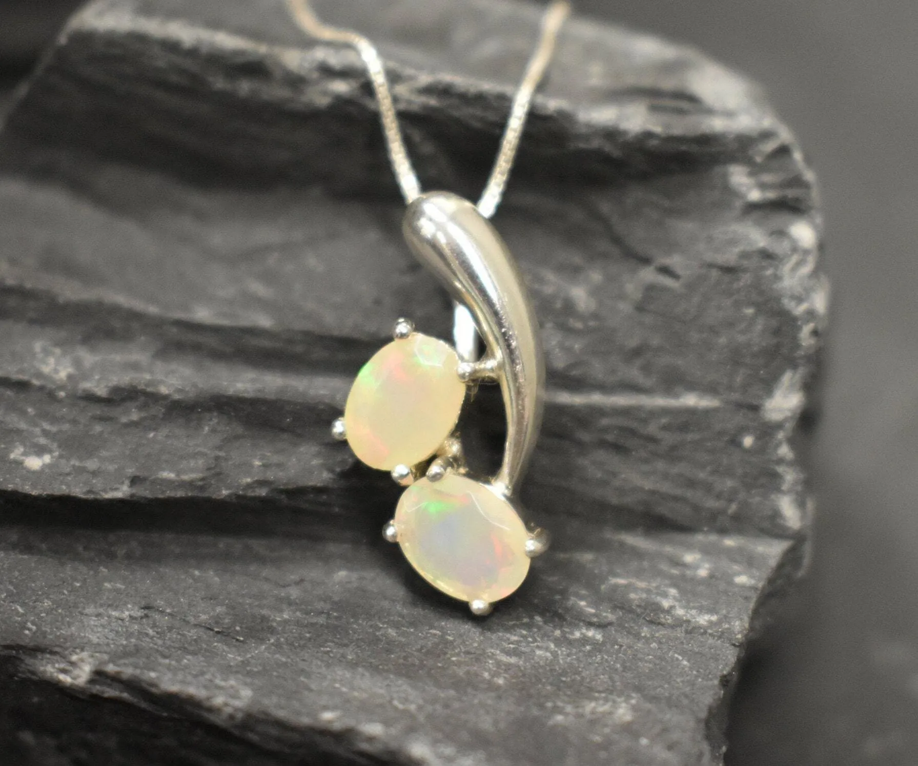 Genuine Opal Pendant - Two Stone Fire Opal Necklace - October Birthstone Necklace