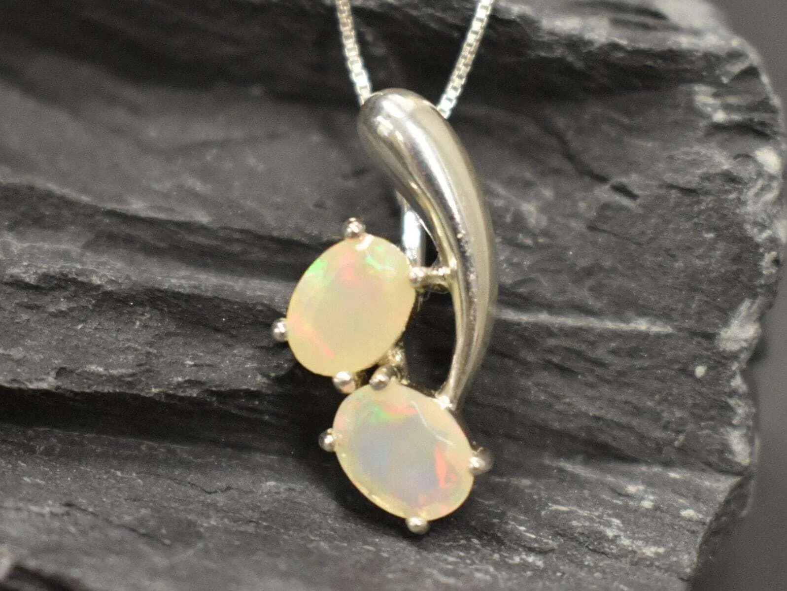 Genuine Opal Pendant - Two Stone Fire Opal Necklace - October Birthstone Necklace