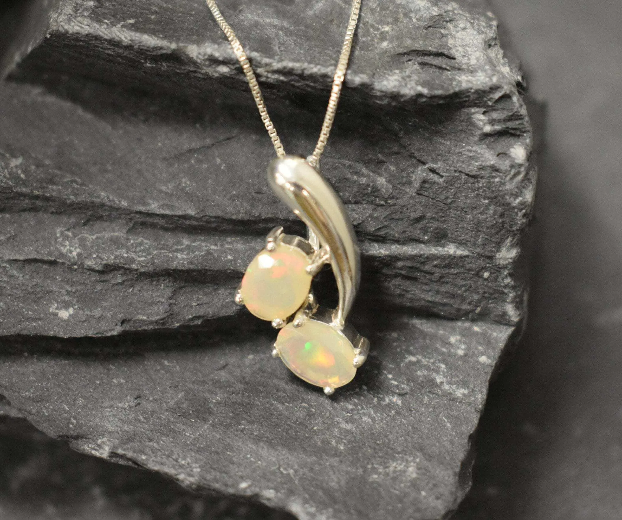 Genuine Opal Pendant - Two Stone Fire Opal Necklace - October Birthstone Necklace