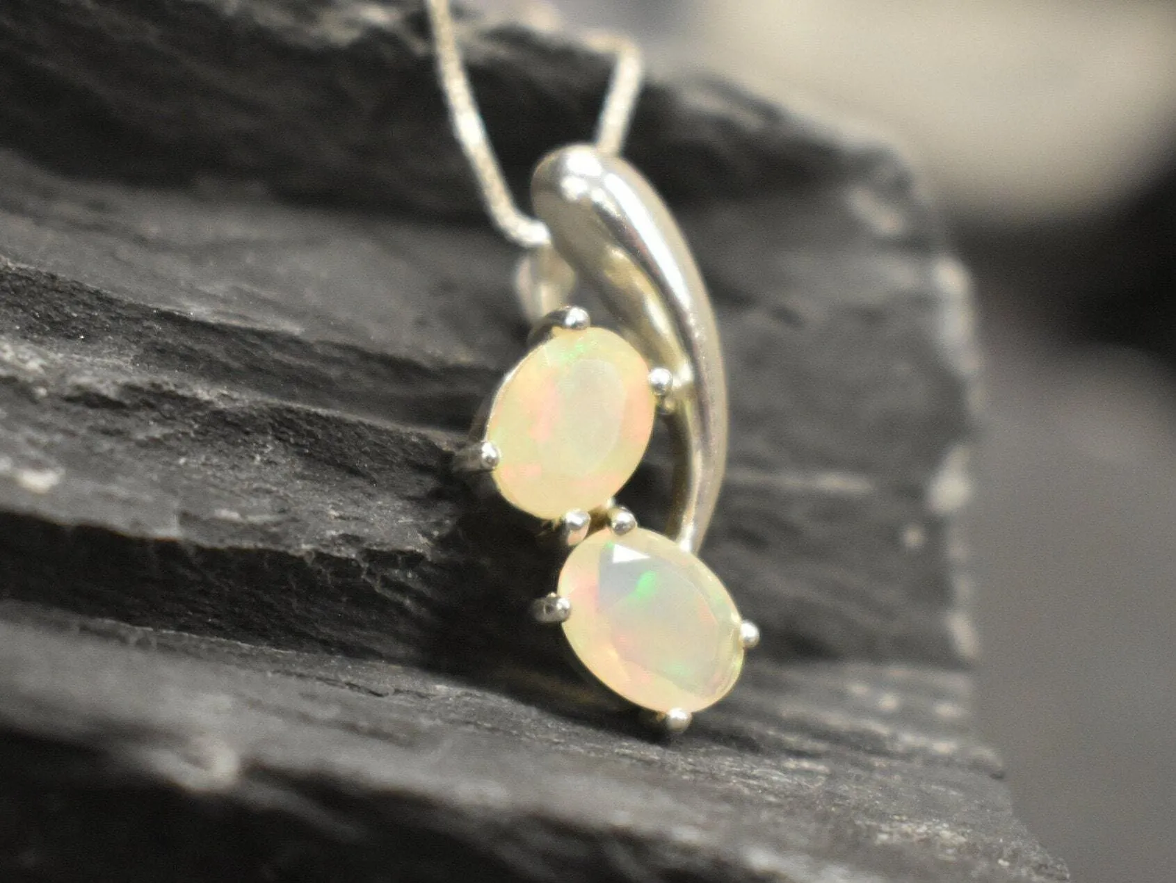 Genuine Opal Pendant - Two Stone Fire Opal Necklace - October Birthstone Necklace