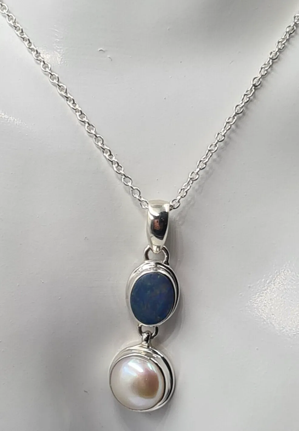 Genuine Sterling Silver Freshwater Pearl & Opal Pendant Belcher    Chain