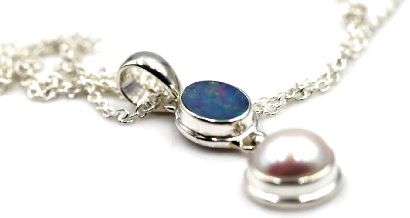 Genuine Sterling Silver Freshwater Pearl & Opal Pendant Belcher    Chain