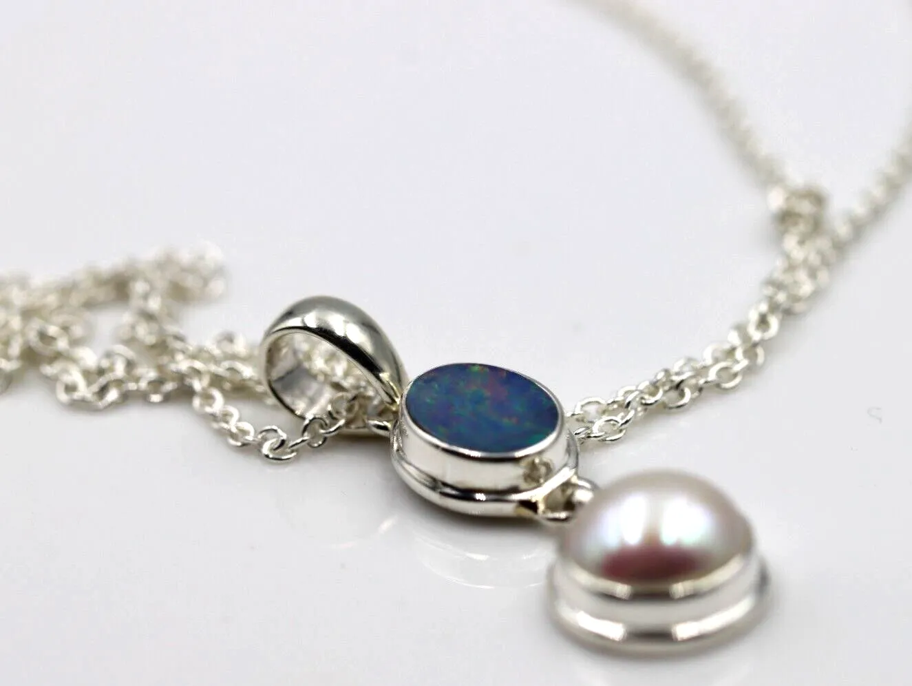 Genuine Sterling Silver Freshwater Pearl & Opal Pendant Belcher    Chain