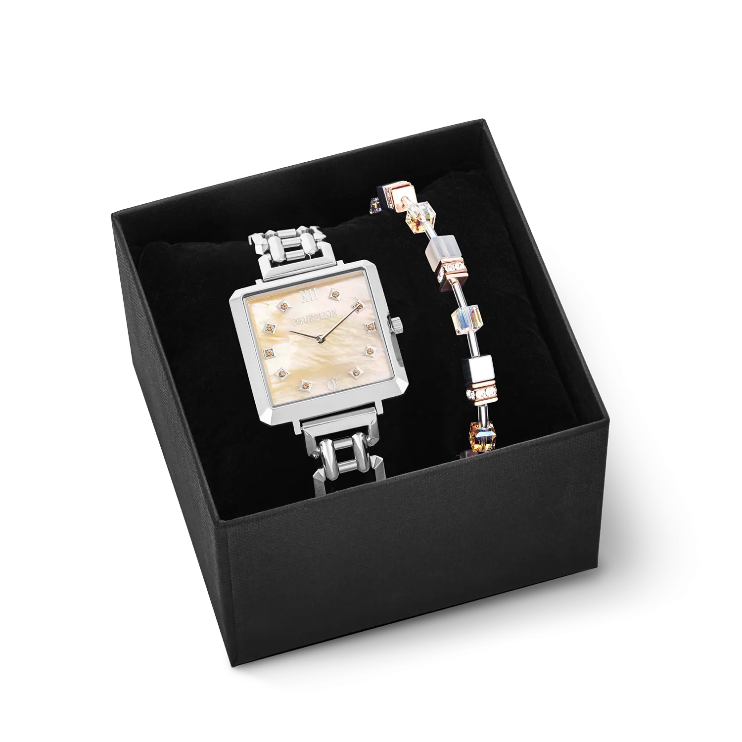 Gift Set Watch Iconic Cube Apricot Crush Silver & GeoCUBE® Iconic Bracelet Apricot Crush