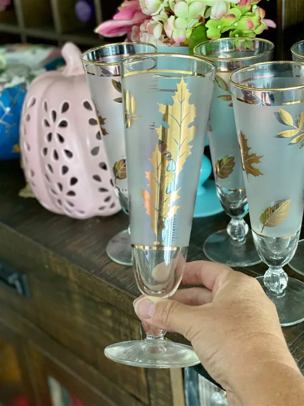 Gold Leaf Pattern Frosted Pilsner Glasses with Pitcher - Mid Century Modern