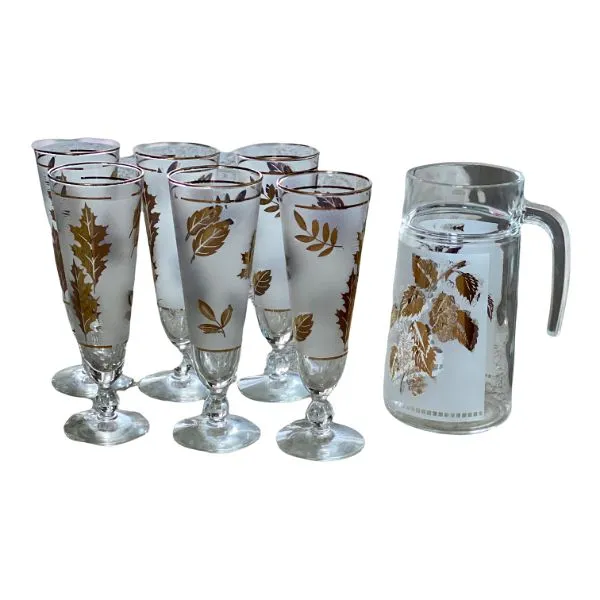 Gold Leaf Pattern Frosted Pilsner Glasses with Pitcher - Mid Century Modern