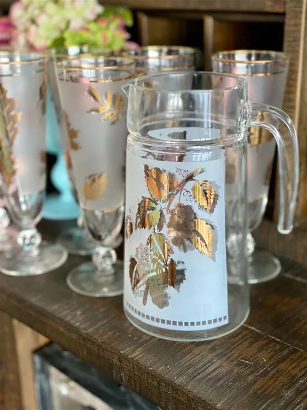 Gold Leaf Pattern Frosted Pilsner Glasses with Pitcher - Mid Century Modern