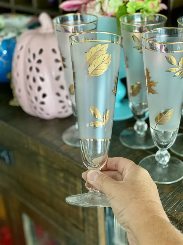 Gold Leaf Pattern Frosted Pilsner Glasses with Pitcher - Mid Century Modern