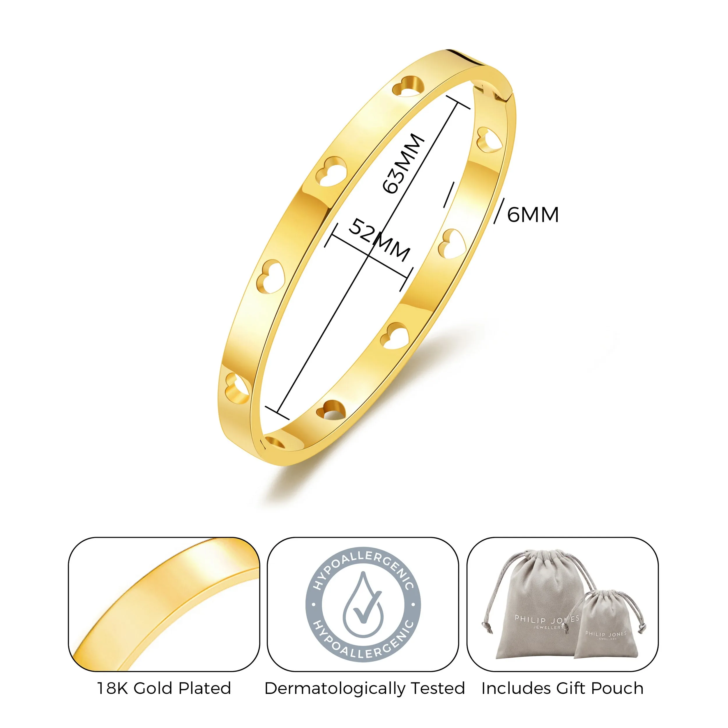 Gold Plated Stainless Steel Heart Bangle (7 Inch)