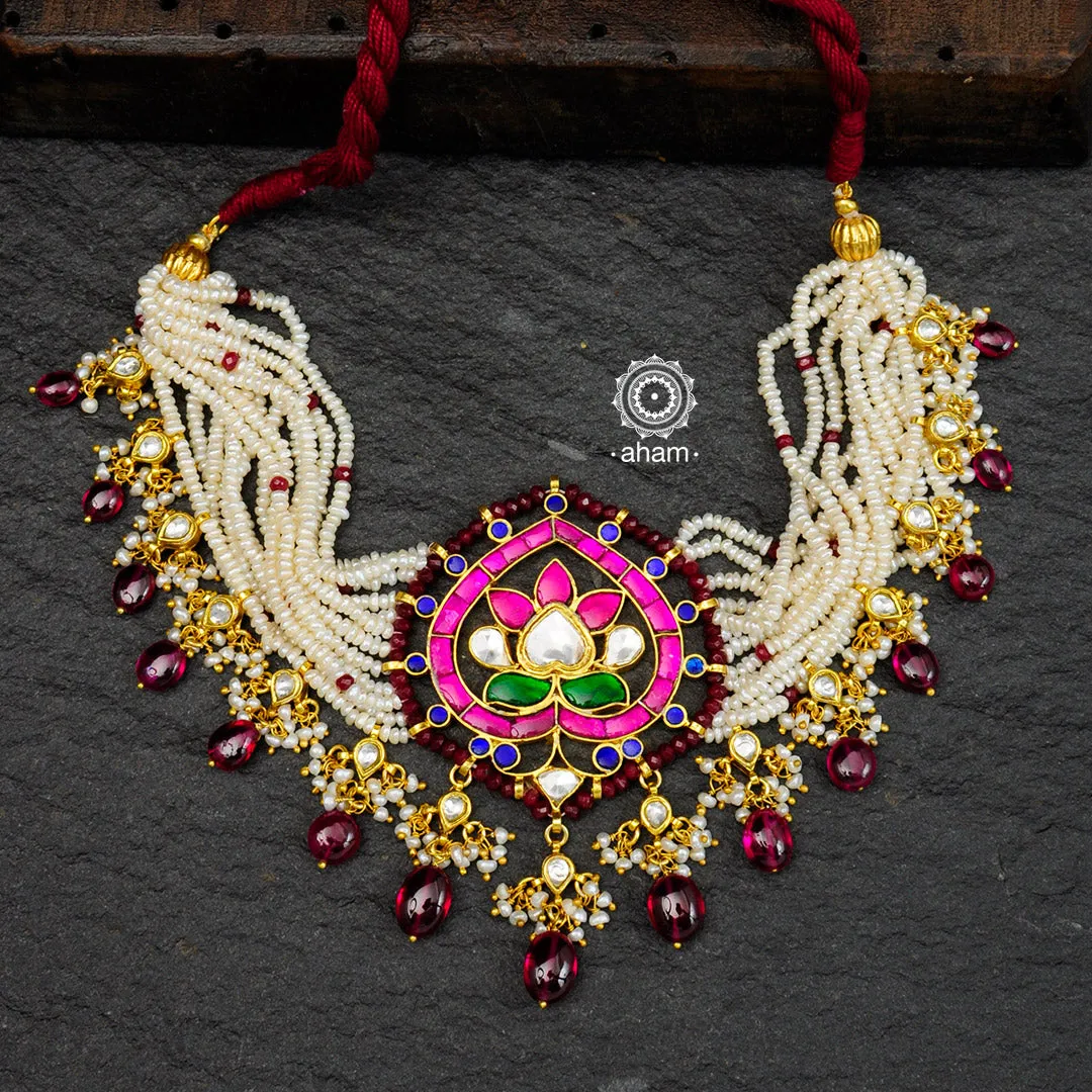 Gold Polish Lotus Semi Precious Stone, Kundan Pearl Choker