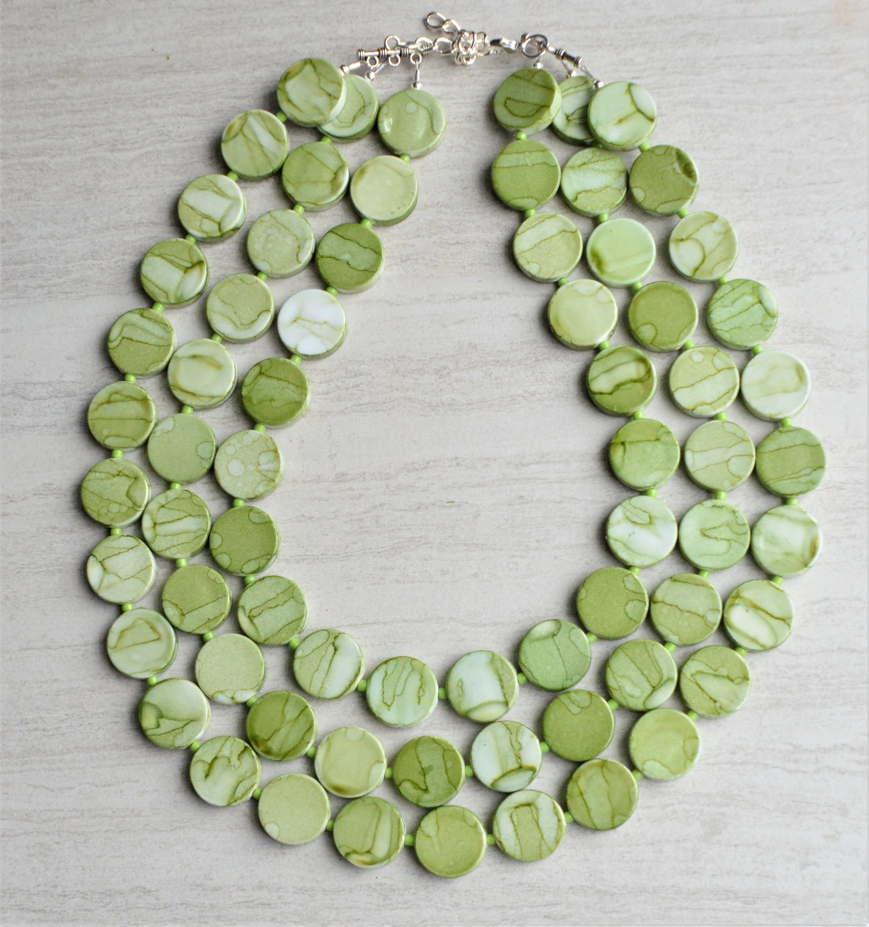 Green White Lucite Beaded Multi Strand Chunky Statement Necklace - Charlotte