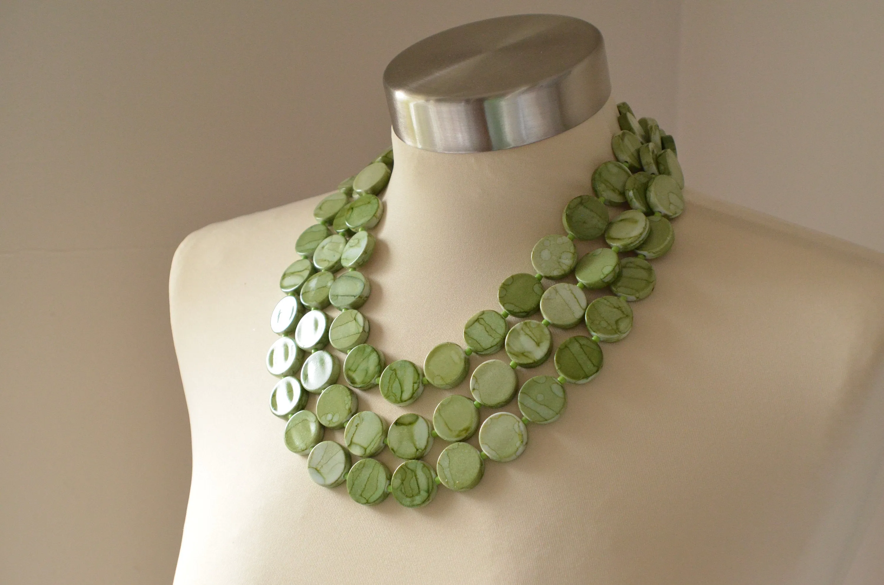 Green White Lucite Beaded Multi Strand Chunky Statement Necklace - Charlotte