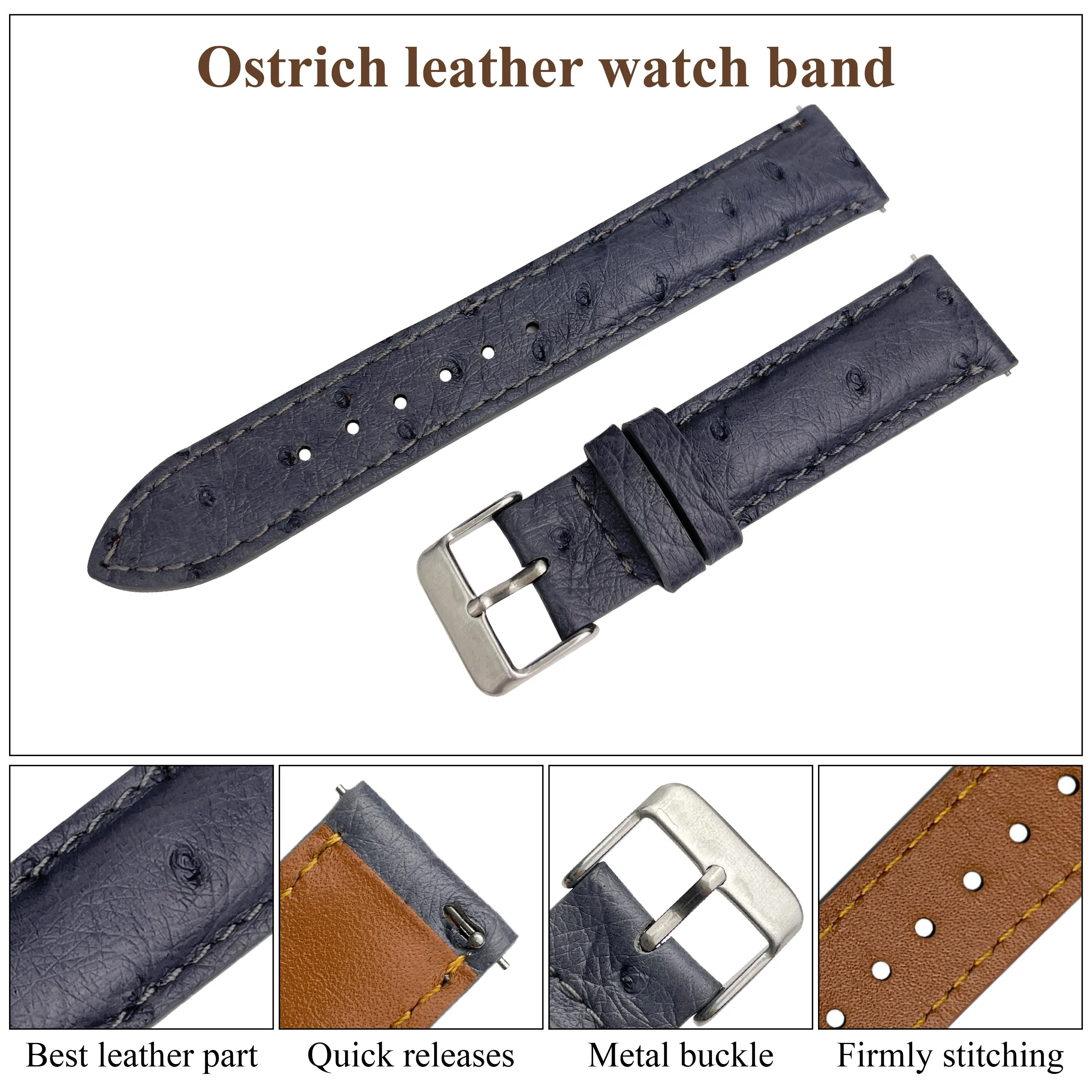 Grey Ostrich Leather Watch Strap Quick Release Replacement Wrist Watch Band