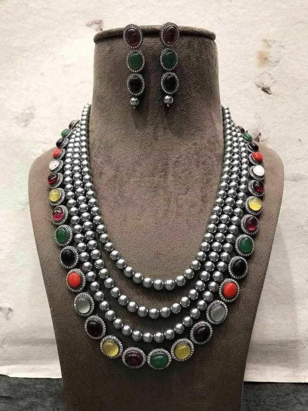 Grey Pearls Layerd Navarathna Necklace