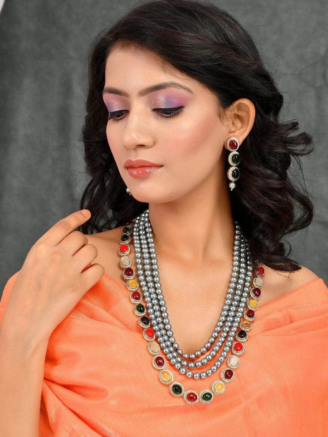 Grey Pearls Layerd Navarathna Necklace