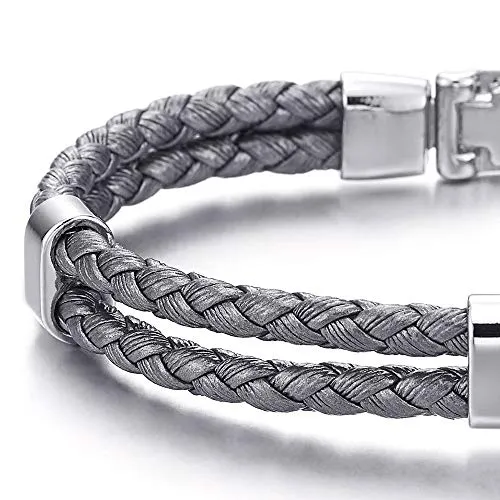 Grey Two-Row Braided Leather Bangle Bracelet Wristband for Mens Womens