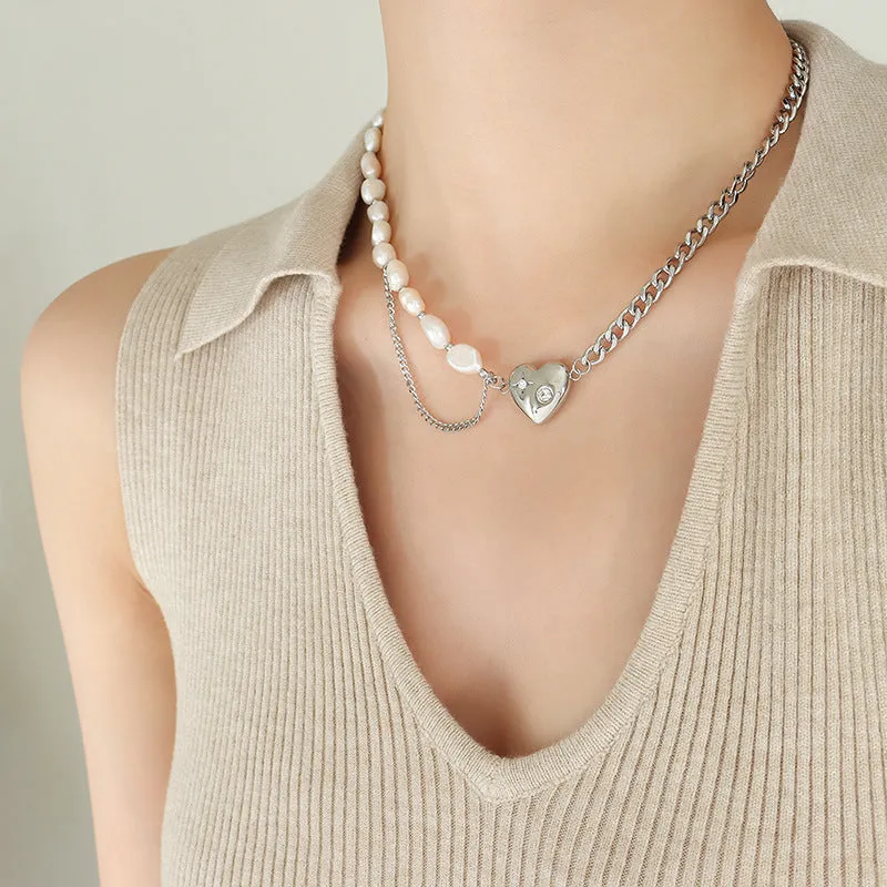 Half Pearl Half Chain Necklace Bracelet Set