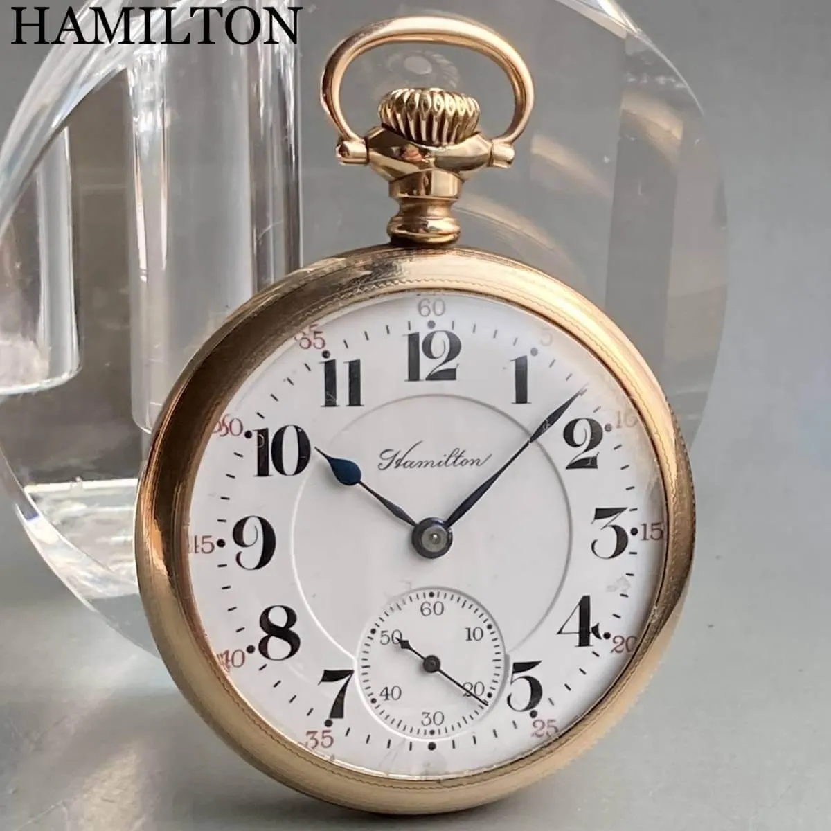 Hamilton antique pocket watch manual winding open face gold case diameter 47 mm vintage pocket watch