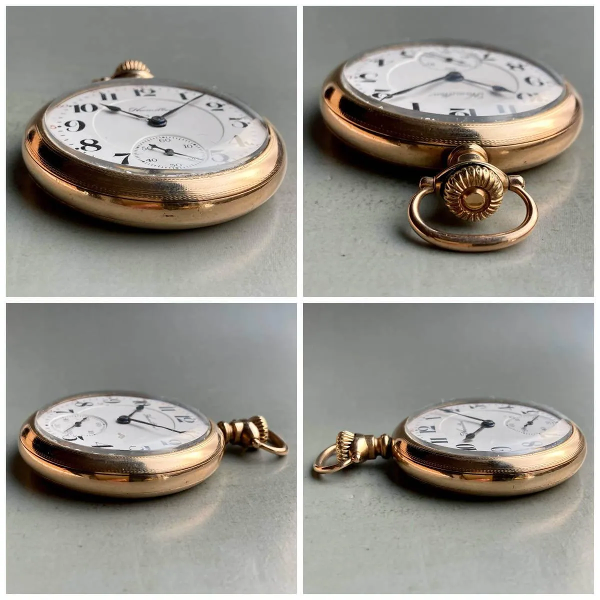 Hamilton antique pocket watch manual winding open face gold case diameter 47 mm vintage pocket watch