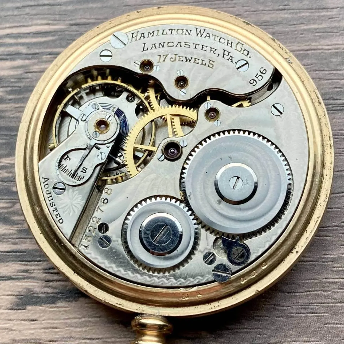 Hamilton antique pocket watch manual winding open face gold case diameter 47 mm vintage pocket watch