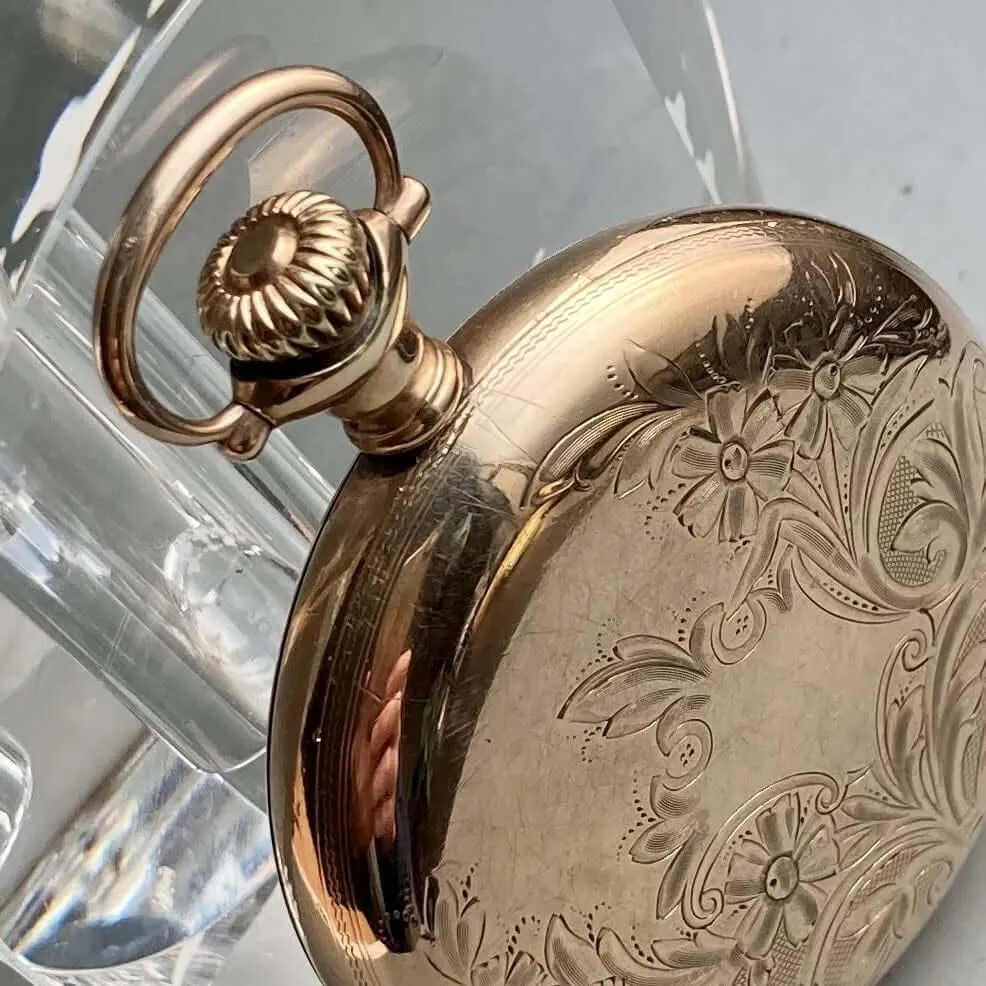 Hamilton antique pocket watch manual winding open face gold case diameter 47 mm vintage pocket watch