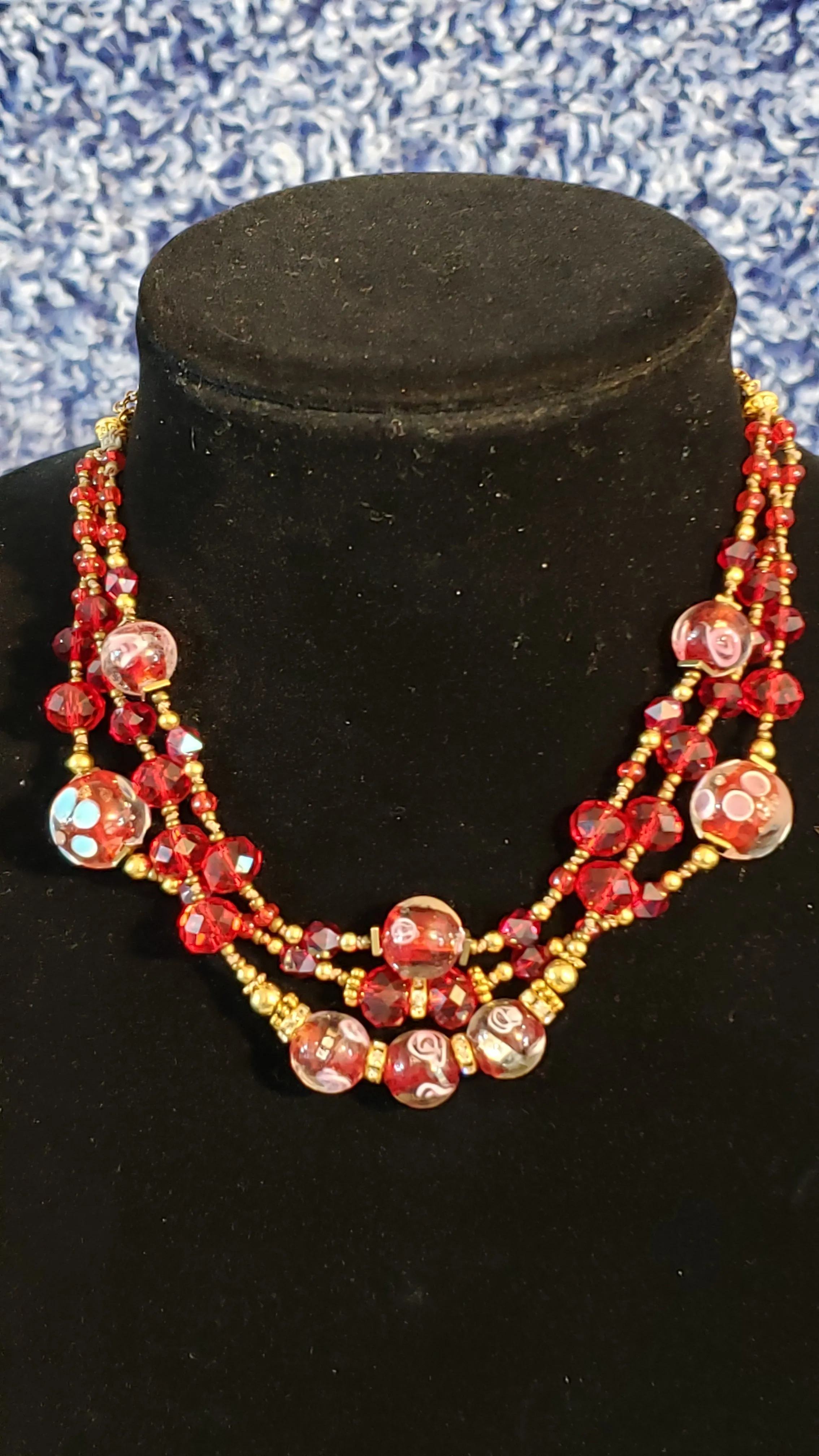 Hand Knotted Silk, Red Millefiori & Czech Glass 15" Choker Necklace. Gold Tone chain with 2" Extender & Lobster Claw Clasp.