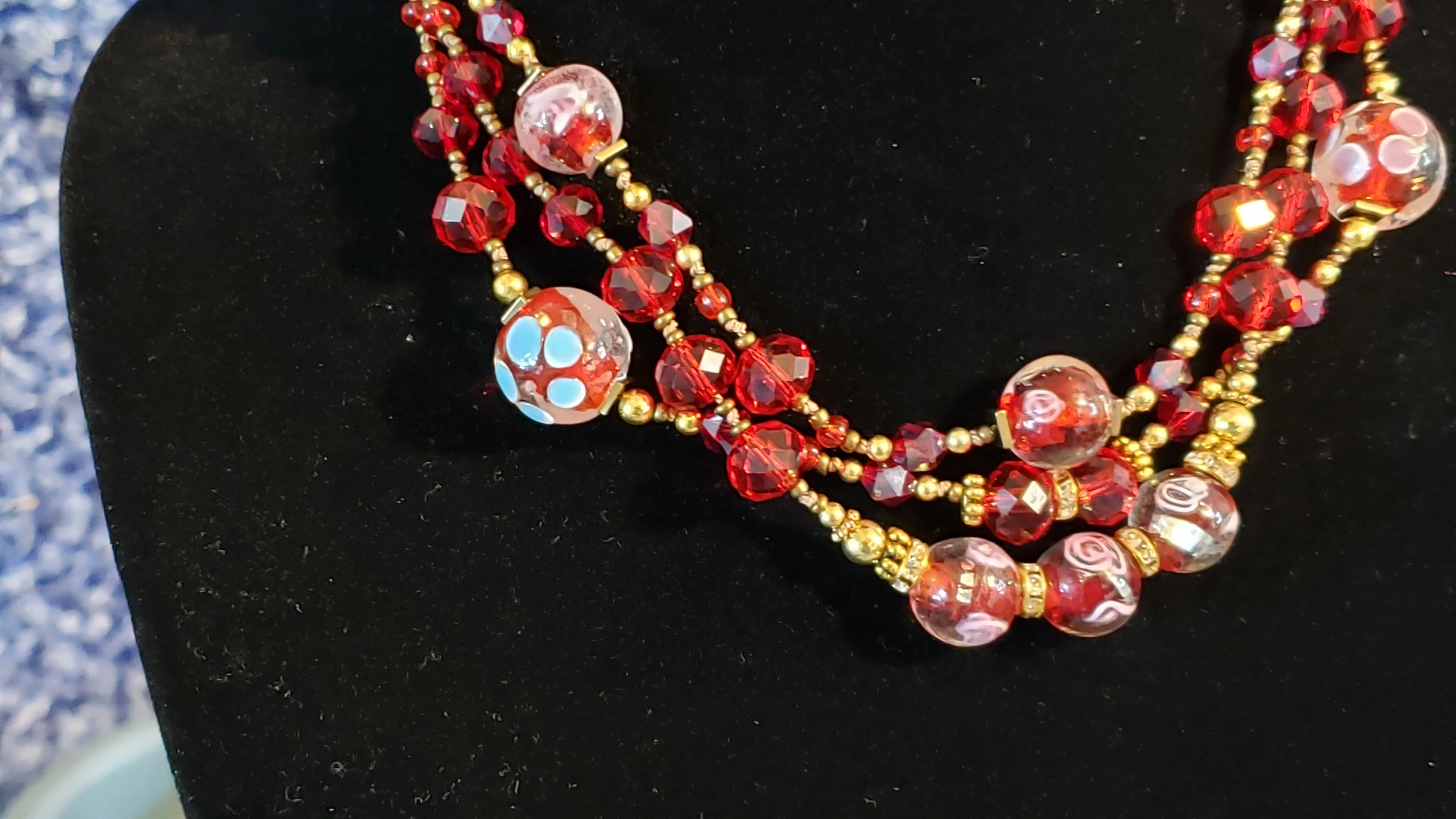 Hand Knotted Silk, Red Millefiori & Czech Glass 15" Choker Necklace. Gold Tone chain with 2" Extender & Lobster Claw Clasp.