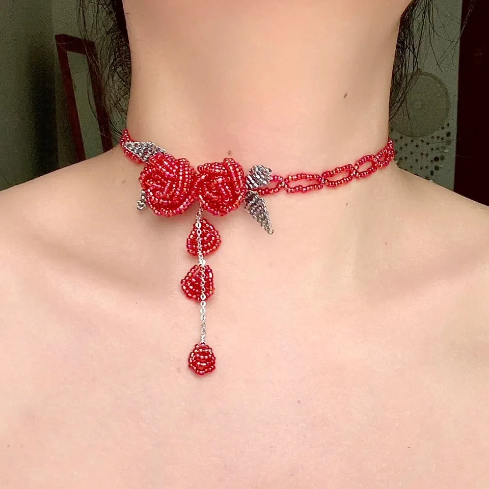 Handmade Crystal Beaded Rose Petal Tassel Choker Necklace