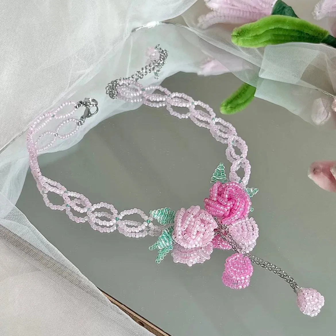 Handmade Crystal Beaded Rose Petal Tassel Choker Necklace