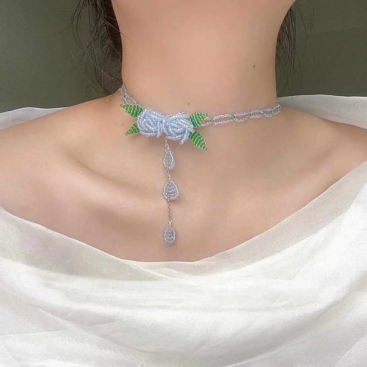 Handmade Crystal Beaded Rose Petal Tassel Choker Necklace