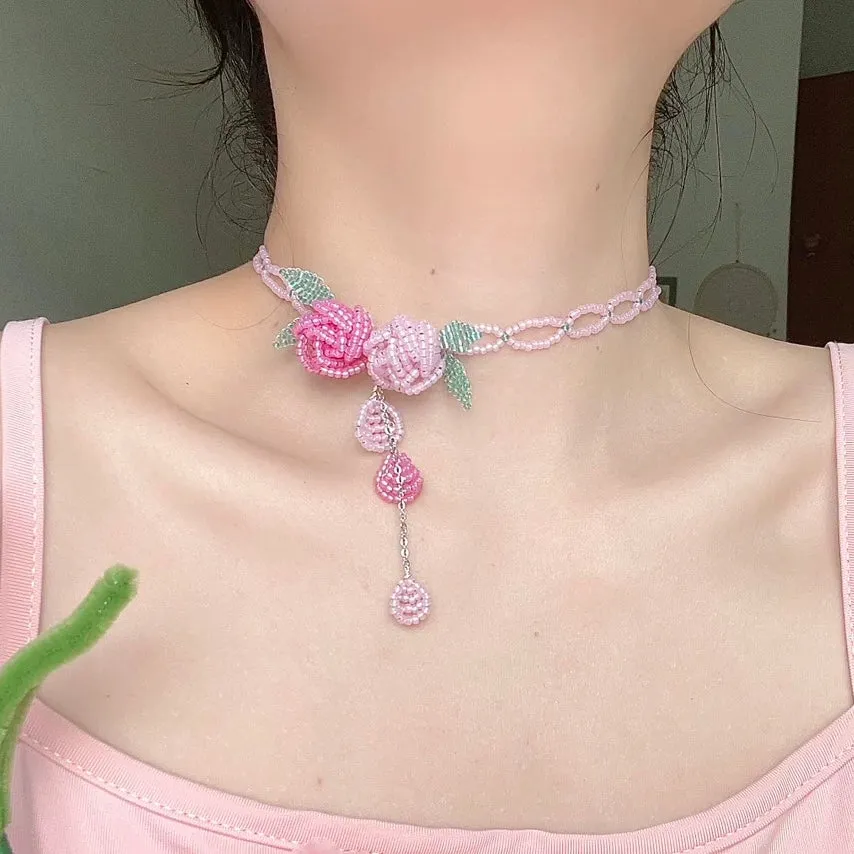 Handmade Crystal Beaded Rose Petal Tassel Choker Necklace