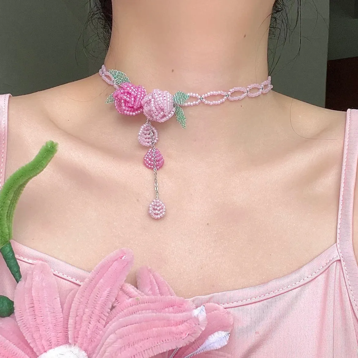 Handmade Crystal Beaded Rose Petal Tassel Choker Necklace