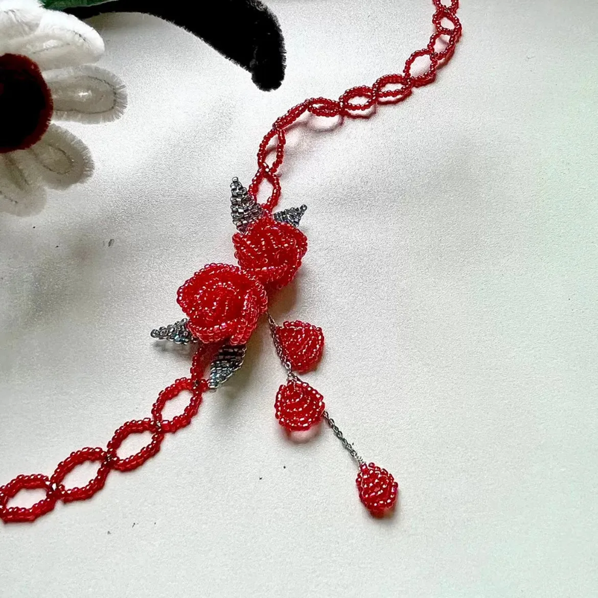 Handmade Crystal Beaded Rose Petal Tassel Choker Necklace