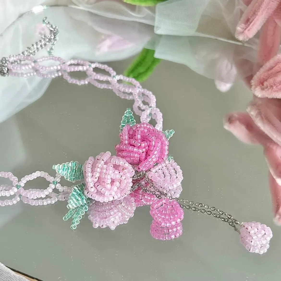 Handmade Crystal Beaded Rose Petal Tassel Choker Necklace